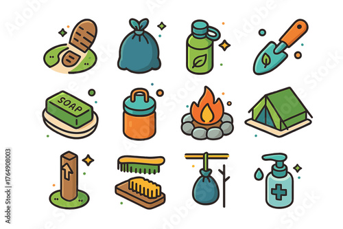 Leave No Trace Icons. Leave No Trace while hiking. Colorful isometric vector icons set of Leave No Trace while hiking: footprint on trail, trash bag, reusable