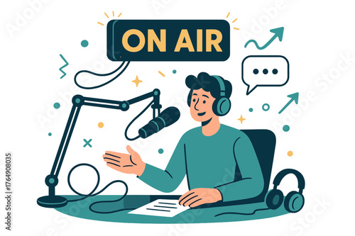 Vibrant On-Air Studio. Radio Studio Desk ? On-Air Light. A bold box reads ?ON AIR? blazing above the desk; cables arc in tidy loops. Small starbursts flick off