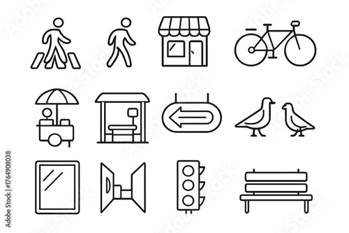 Street Icon Set. Street Photography. Line icon set of Street Photography: crosswalk, passerby, storefront, bicycle, street vendor, bus stop, neon sign,