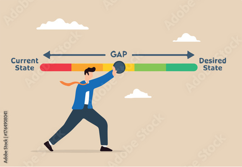 Strategic planning analysis concept vector illustration with business analysts pull gap between current and desired state