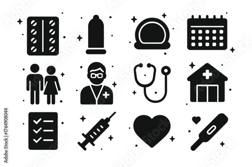 Contraception Icons Set. Contraception Methods. Solid icons set of Contraception Methods: contraception pills, condom, diaphragm, calendar, couple, doctor,