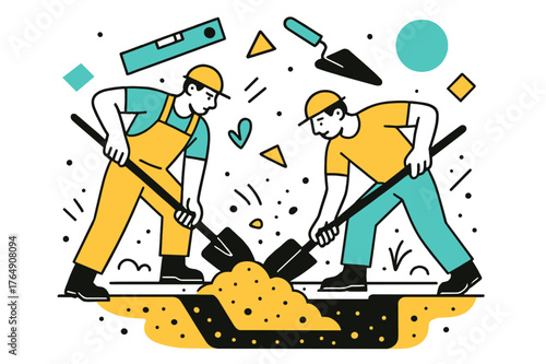 Dynamic Construction Scene. Foundation Digging. Workers shoveling soil and leveling a trench for foundation, floating abstract construction tools and geometric