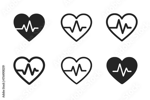 Heart Rate Logos Grid. Heart rate monitoring. Set Logo of Heart rate monitoring: pulse waveform within heart. harmonious logo variations of the same emblematic