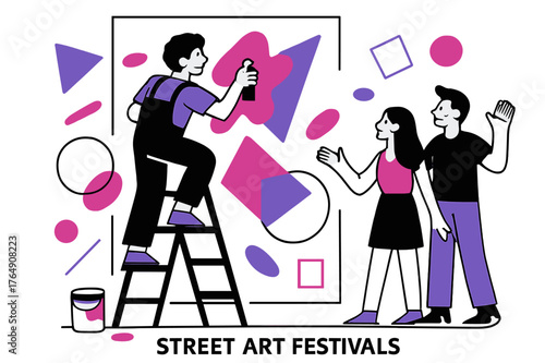 Vibrant Mural Creation. Street Art Festivals. Artist performing a live mural painting on a large wall with floating abstract geometric shapes and colorful