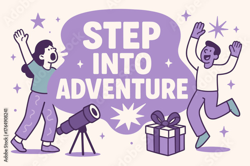 Adventure Awaits Banner. Step into adventure banner, flat vector illustration, bold oversized text inside rounded blob, cartoon characters shouting and
