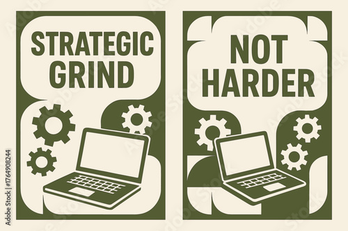 Strategic Grind Banners. Strategic grind. Two vertical A6 banners with safe margins, centered composition, no elements touching edges, geometric, olive green