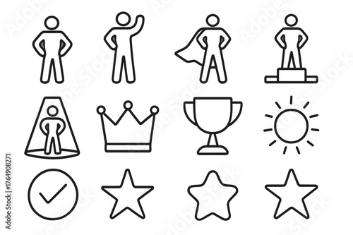 Empowered Icon Set. Empowered pose. Line icon set of empowered pose: person standing tall, arms on hips, raised fist, confident stance, superhero silhouette,