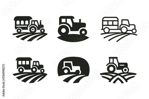 Rural Travel Logos. Rural travel and agritourism. Set Logo of Rural travel and agritourism: a tractor pulling a visitor wagon along a field lane. harmonious