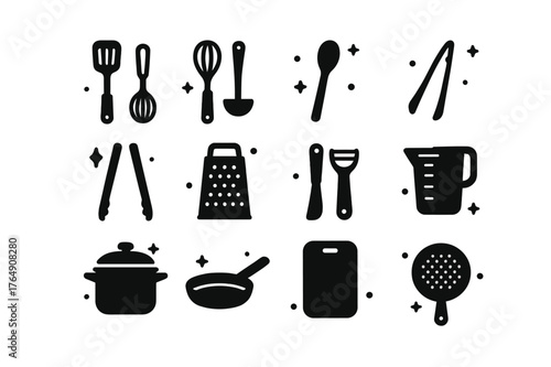 Cooking Utensils Icons. Cooking Utensils. Solid icons set of Cooking Utensils: spatula, whisk, ladle, wooden spoon, tongs, grater, peeler, measuring cup, pot,