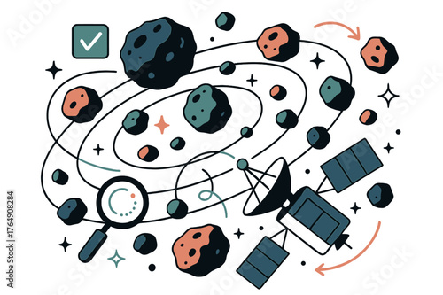 Asteroid Belt Exploration. Asteroid belt studies. Space probe mapping asteroid belt with abstract floating orbit lines, asteroids, and sparkles; conveys