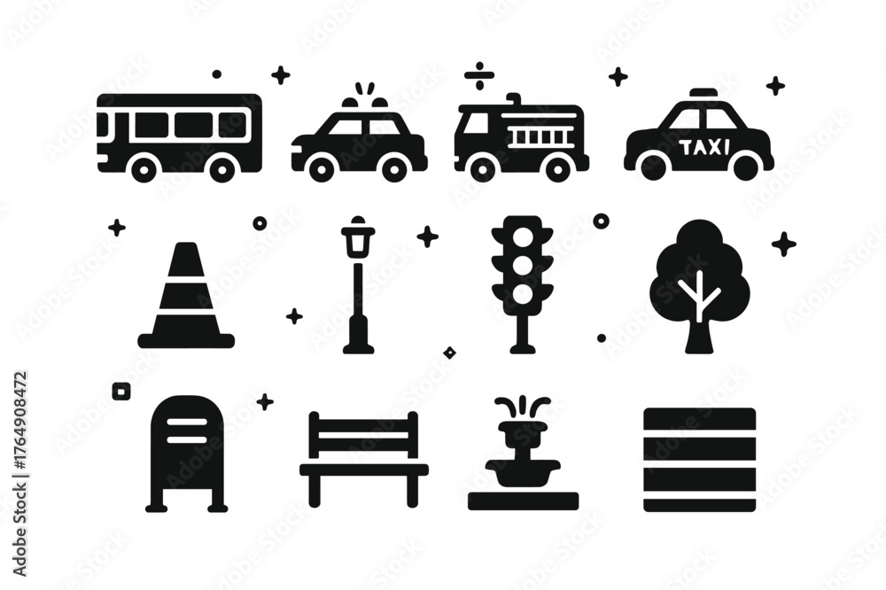Fototapeta premium City Icons. City Elements. Solid icons set of City Elements: bus, police car, fire truck, taxi, construction cone, lamppost, stoplight, tree,