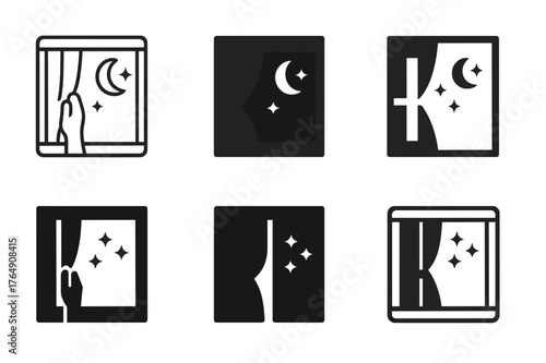 Evening Window Logos. Closing the Curtains or Blinds. Set Logo of Evening Window Scene: Minimal outline, Filled silhouette, Abstract geometric, Negative space,