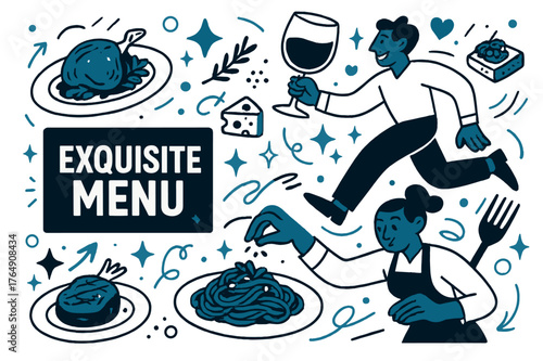 Gourmet Menu Artistry. Exquisite menu. Menu with hand-drawn illustrations of gourmet dishes and wine; abstract floating icons and sparkles suggest creativity