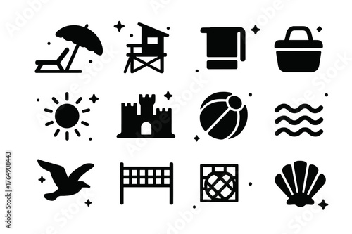 Beachfront Icons Set. Beachfront Amenities. Solid icons set of Beachfront Amenities: beach chair, umbrella, lifeguard tower, towel, picnic basket, sun,
