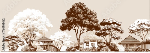 따뜻한 색감의 그림으로 표현된 한국 전통 가옥과 나무, 자연의 조화로운 풍경을 담은 벡터 일러스트레이션.