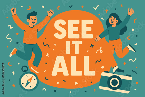 See It All Extravaganza. See it all banner, flat vector illustration, bold oversized text inside rounded blob, cartoon characters jumping and waving, compass