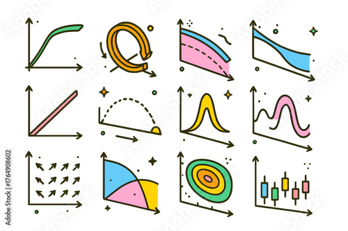 Colorful Physics Graphs. Physics and engineering graphs. Colorful isometric vector icons set of Physics and engineering graphs: stress?strain curve, Nyquist