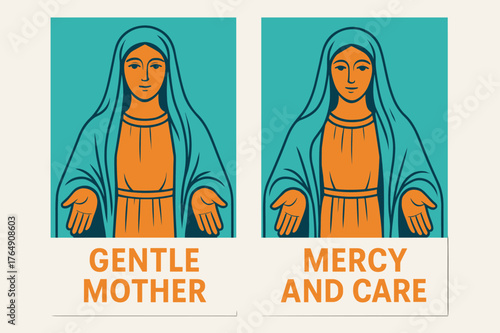 Gentle Mother Banners. Mother of Mercy. Two vertical A6 banners with safe margins, centered composition, no elements touching edges, modern, turquoise and
