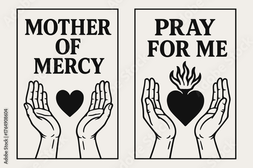 Mother of Mercy Banners. Mother of Mercy. Two vertical A6 banners with safe margins, centered composition, no elements touching edges, bold, black and white,