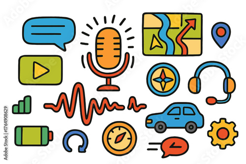 Cartoon Navigation Interface. Navigation voice assistant interface. Colorful Hand-drawn doodle Children illustration Navigation voice assistant interface