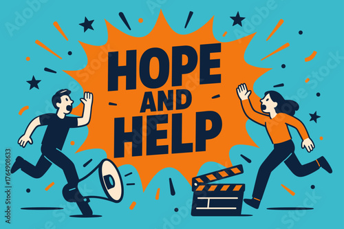 Hope and Help. Hope and Help banner, flat vector illustration, bold oversized text inside splash explosion banner, cartoon characters running and shouting