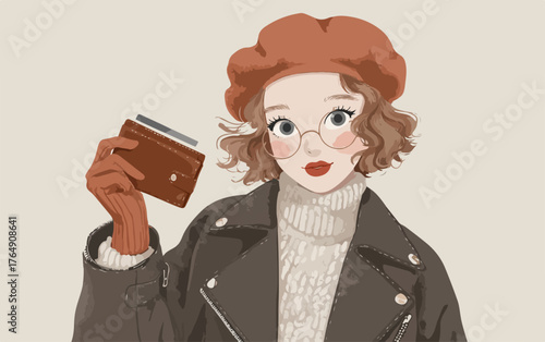 갈색 지갑을 들고 있는 안경 쓴 여성의 귀여운 일러스트, 따뜻한 색감과 부드러운 선으로 표현된 벡터 이미지.