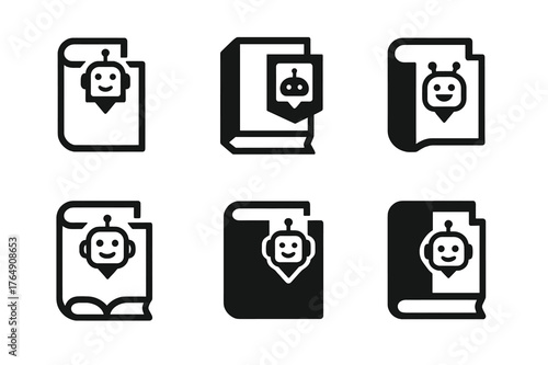 Chatbot Logo Variations. chatbots for business. Set Logo of chatbots for business: FAQ handbook with chatbot bookmark. harmonious logo variations of the same