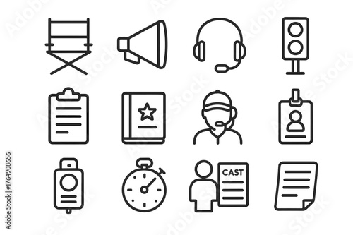 Director's Icon Set. Director and Crew. Line icon set of Director and Crew: director chair, megaphone, headset, clipboard, script binder, stage manager, cue