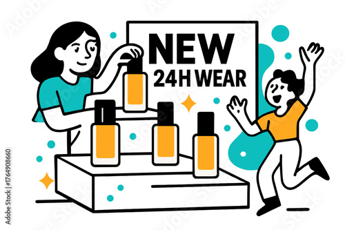 Vibrant Shelf Display. Shelf Display Mockup. Tiered risers present bottles at clean angles; a bold card proclaims ?NEW ? 24H Wear.? Confetti dots sparkle like