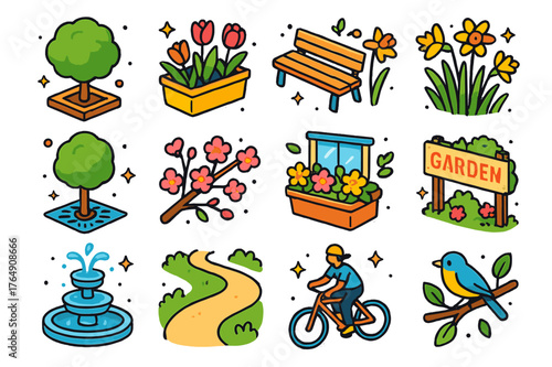 Urban Spring Icons. Urban spring blooms. Colorful isometric vector icons set of Urban spring blooms: tree planter box, balcony flower pot, city park bench,