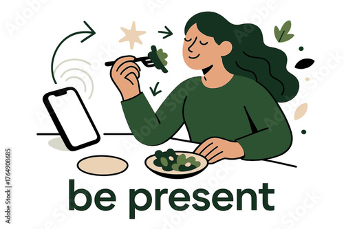 Mindful Eating Vibes. Mindful Eating ? Digital Detox. Phone set aside beside a small plate; soft lines fade from the screen outward. Caption ?be present? in