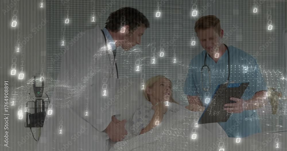 Nurse flipping chart sending binary stream while doctor consulting ...