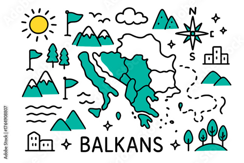 Balkans Geography Doodle. // Balkans geography. Hand-drawn doodle illustration Balkans geography [peninsula map (accented), mountains (accented), coastline