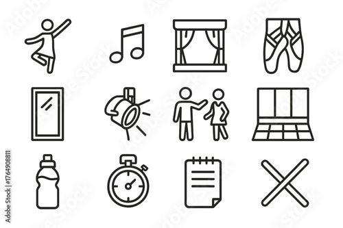 Dance Rehearsal Icons. Dance rehearsal. Line icon set of dance rehearsal: dancer, music notes, stage, ballet shoes, mirror, spotlight, instructor, dance floor,