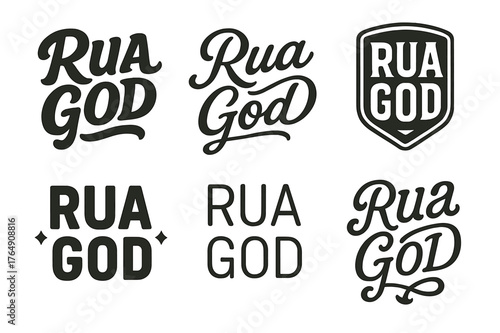 Diverse Lettering Styles. Rua God. Set lettering. harmonious lettering variations of the same emblematic concept, each with different artistic interpretation