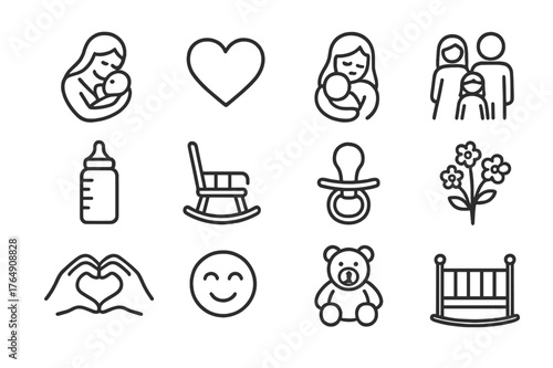 Mother's Love Icons. Motherly affection. Line icon set of motherly affection: mother holding baby, heart, hug, family, baby bottle, rocking chair, pacifier,