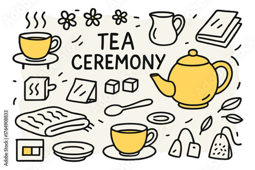 Colorful Tea Set. Tea ceremony. Hand-drawn doodle illustration teapot (colored), teacup (colored), steaming tea (colored), saucer (colored), teaspoon