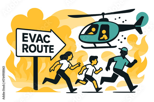 Emergency Wildfire Evacuation. Wildfire Evacuation. Heat shimmer bends into saffron waves; rotors kick ash while silhouettes board fast. A bold ?EVAC ROUTE?