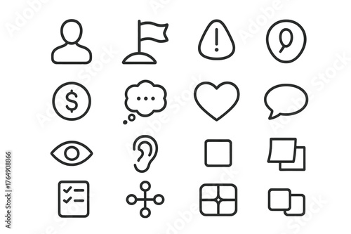 Empathy Mapping Icons. Empathy Mapping. Line icon set of Empathy Mapping: user persona, goals flag, pains icon, gains icon, think bubble, feel heart, see eye,