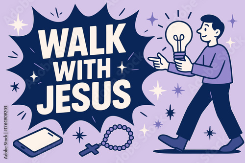Walk with Jesus Banner. Walk with Jesus banner, flat vector illustration, bold oversized text inside comic burst banner, cartoon characters walking and holding