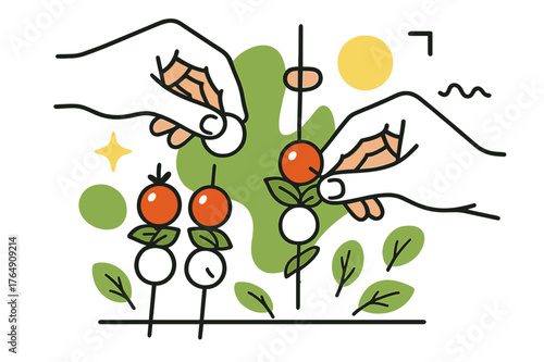 Caprese Skewers Artistry. Caprese Skewers. Hands assembling caprese skewers with cherry tomatoes, mozzarella balls, and basil with floating abstract geometric