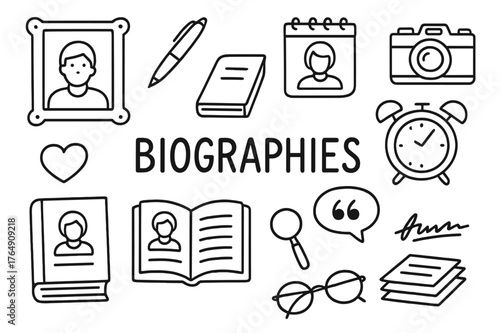 Biographical Elements Doodle. Biographies. Hand-drawn doodle illustration biographies portrait frame, pen, notebook, book cover, open page, calendar, camera,