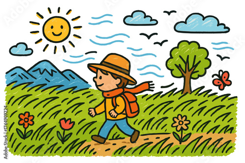 Whimsical Windy Grassland. windy grassland. Colorful Hand-drawn doodle Children illustration windy grassland person, tall grass, wind, mountain, clouds, sun,