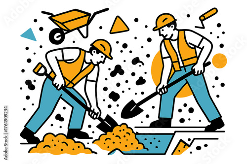 Foundation Excavation Artistry. Foundation Digging. Construction workers excavating soil for a building foundation, floating abstract dirt particles and tools,