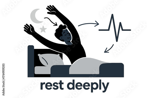 Restful Sleep Illustration. Exercise ? Better Sleep. A figure stretches into a bed shape; floating moon and star icons fade into a heartbeat line. Caption