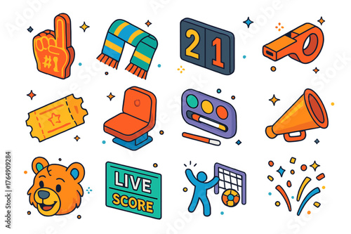 Colorful Sports Fan Icons. Sports event fan tags. Colorful isometric vector icons set of Sports event fan tags: foam finger, team scarf, scoreboard tile,