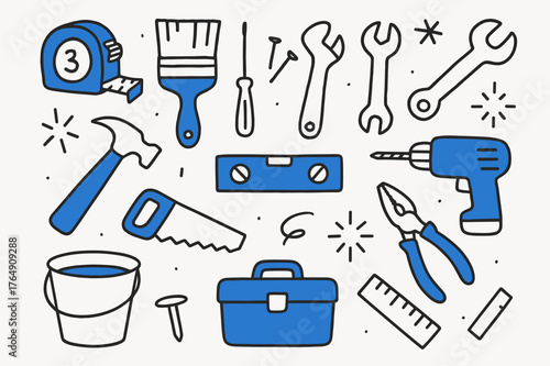 Doodle Home Improvement Tools. // Home improvement tools. Hand-drawn doodle illustration Home improvement tools [tape measure (accented), paintbrush