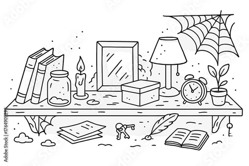 Neglected Shelf Doodles. Neglected Shelf. Hand-drawn doodle illustration Neglected Shelf shelf, dust, old books, jar, candle, picture frame, lamp, cobwebs,