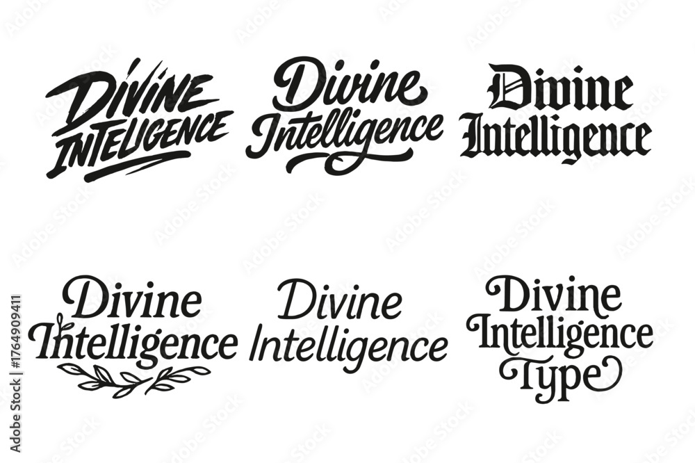 Fototapeta premium Harmonious Lettering Variations. Divine Intelligence. Set lettering. harmonious lettering variations of the same emblematic concept (Dynamic brushstroke