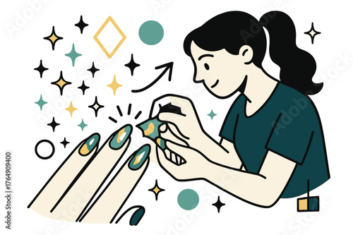 Nail Art Trends. Foil nails. Nail artist applying metallic foil to nails with abstract floating sparkles, arrows, and geometric icons; conveys creativity,